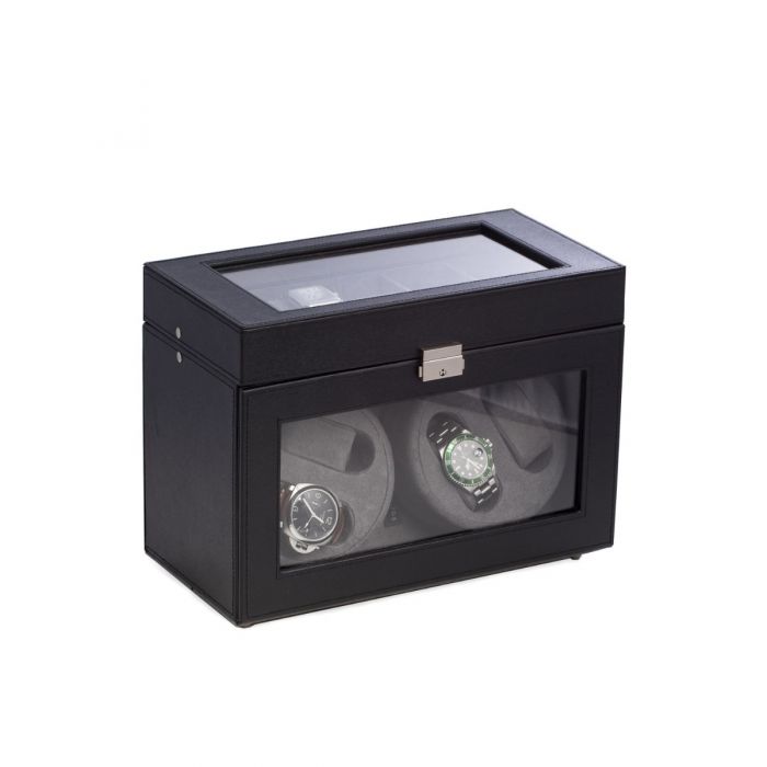 Bey-Berk "Viceroy" 4-Watch Winder & 5-Watch Storage Case | Glass Top | Black Leather | BB605BLK