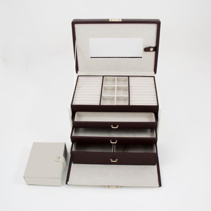 Bey-Berk 4 Level Jewelry Box w/ Drawers | Travel Case | Ivory & Brown Leather | BB611IVR