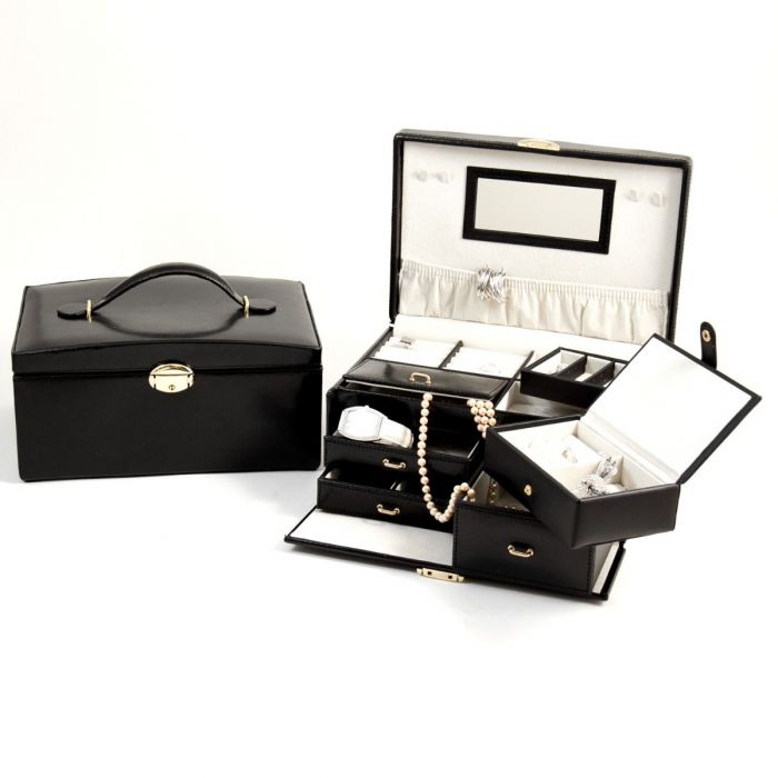 Bey-Berk 2 Level Jewelry Box | Multi-Drawers | Black Leather | BB564BLK