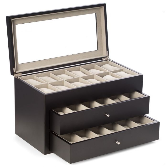 Bey-Berk 36-Watch Box | Glass Top & Drawers | Matte Black Wood | BB686BLK