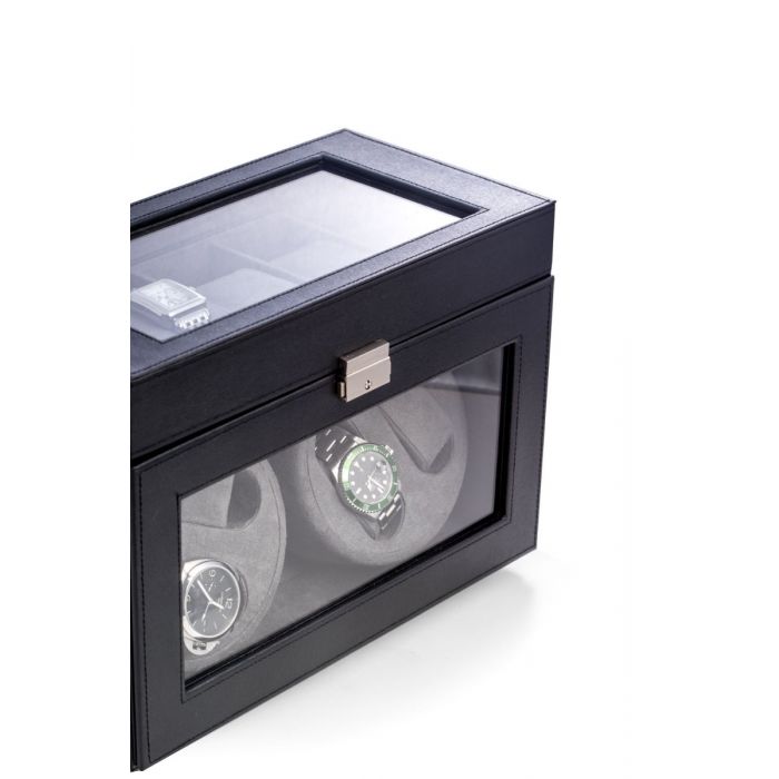 Bey-Berk "Viceroy" 4-Watch Winder & 5-Watch Storage Case | Glass Top | Black Leather | BB605BLK