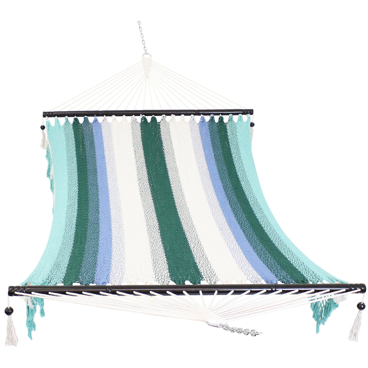 Woven Double Hammock with Spreader Bars | Crocheted Fringe Edges