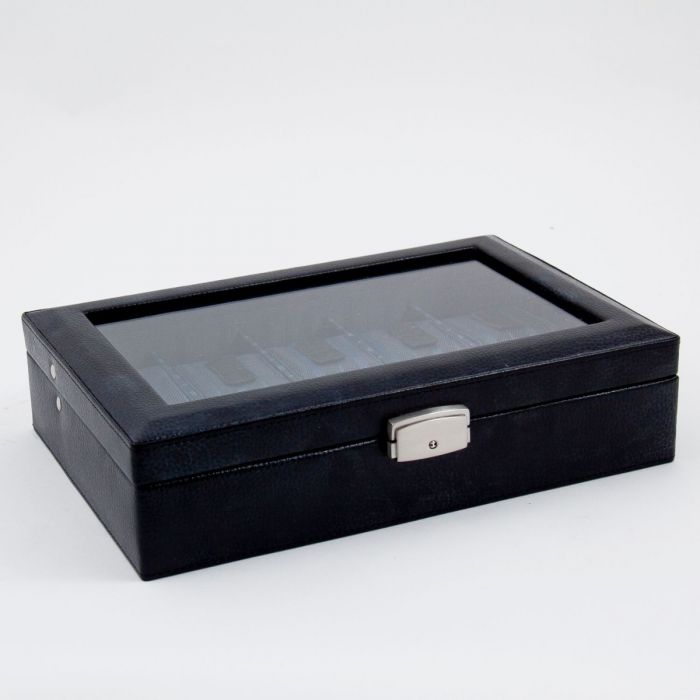 Bey-Berk 10-Watch Case | Glass Top | Black Leather | BB632BLK