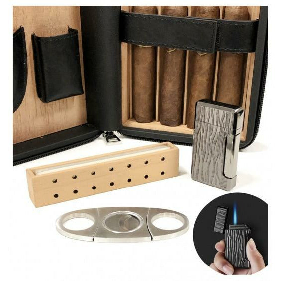 Black Manhattan Travel Cigar Case | Gift Set including Accessories | Holds 8 Cigars