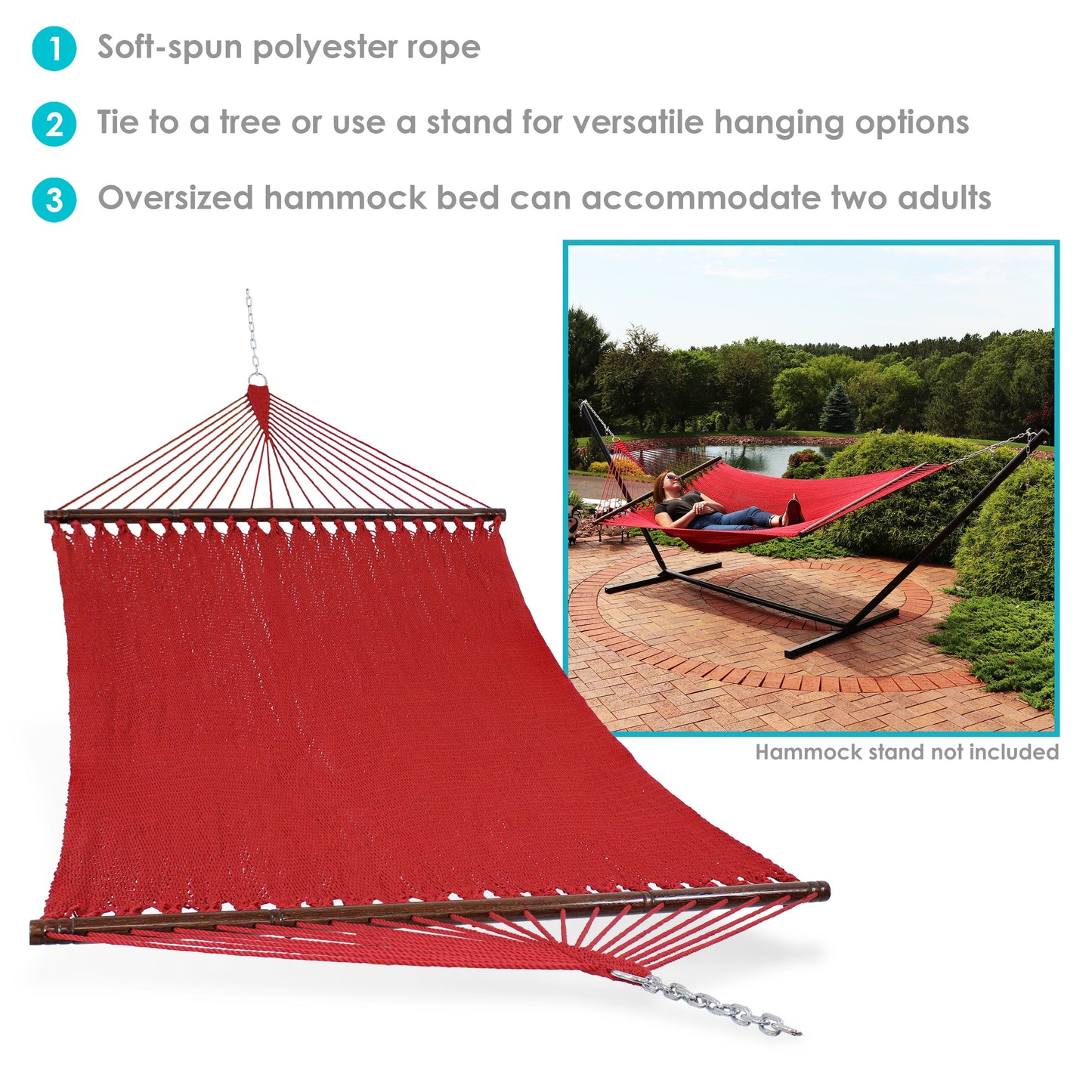Large Polyester Rope Hammock with Spreader Bars | Holds 2 People | 600lb Capacity