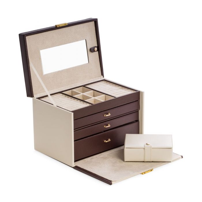 Bey-Berk 4 Level Jewelry Box w/ Drawers | Travel Case | Ivory & Brown Leather | BB611IVR