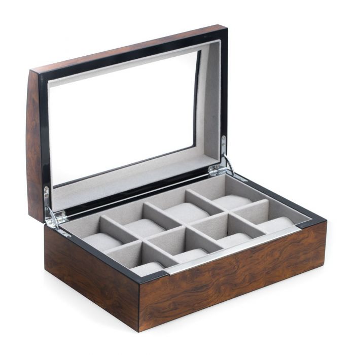 Bey-Berk 8-Watch Case | Glass Top | Lacquered Brown Burl Wood | BB680BRL