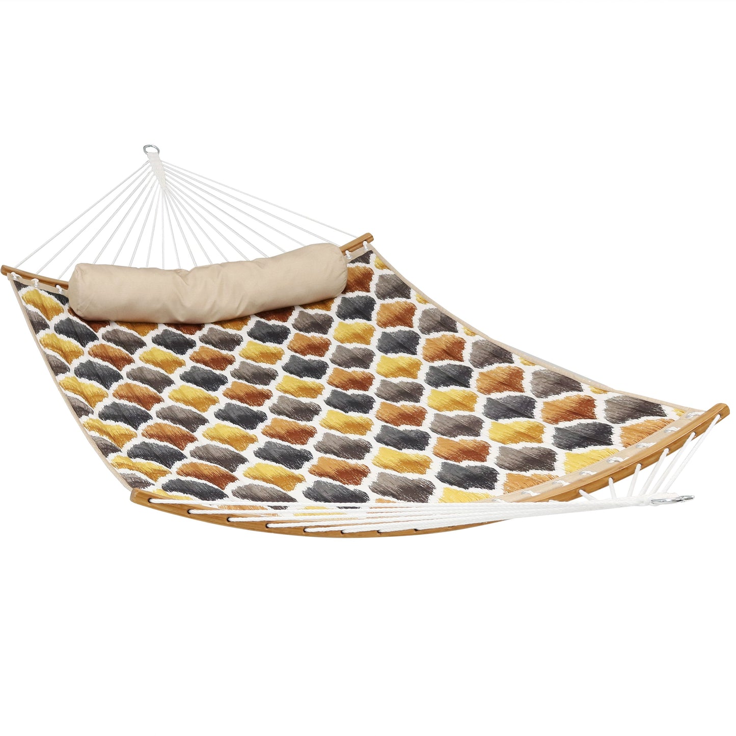 Quilted Hammock with Curved Bamboo Spreader Bar and Pillow