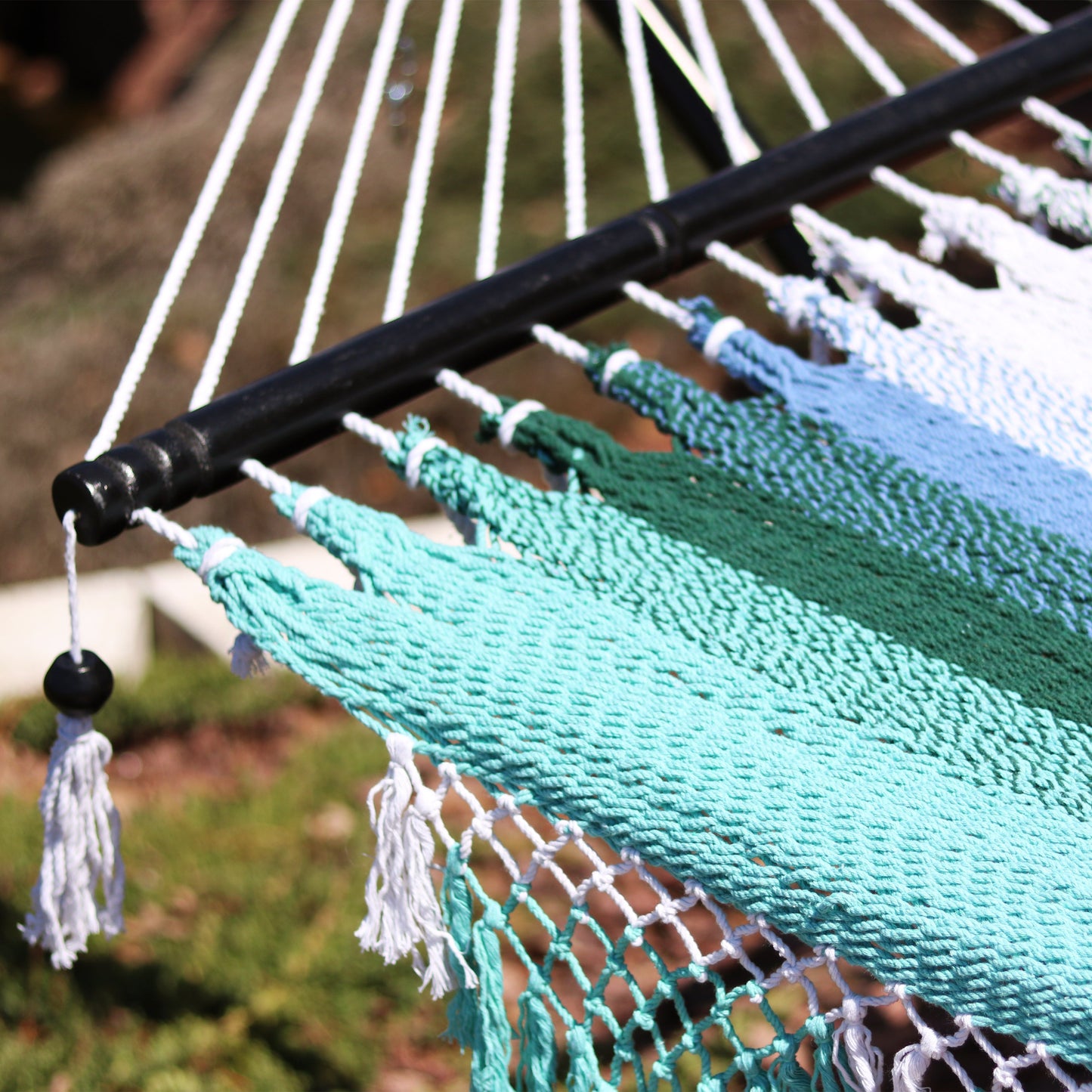 Woven Double Hammock with Spreader Bars | Crocheted Fringe Edges