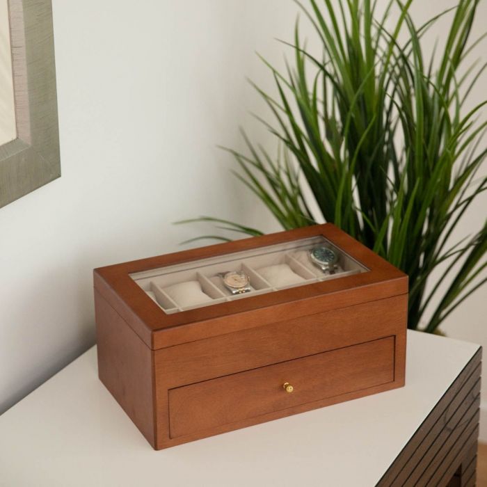 Bey-Berk 20-Watch Box | Glass Top & Drawer | Cherry Wood | BB640BRW