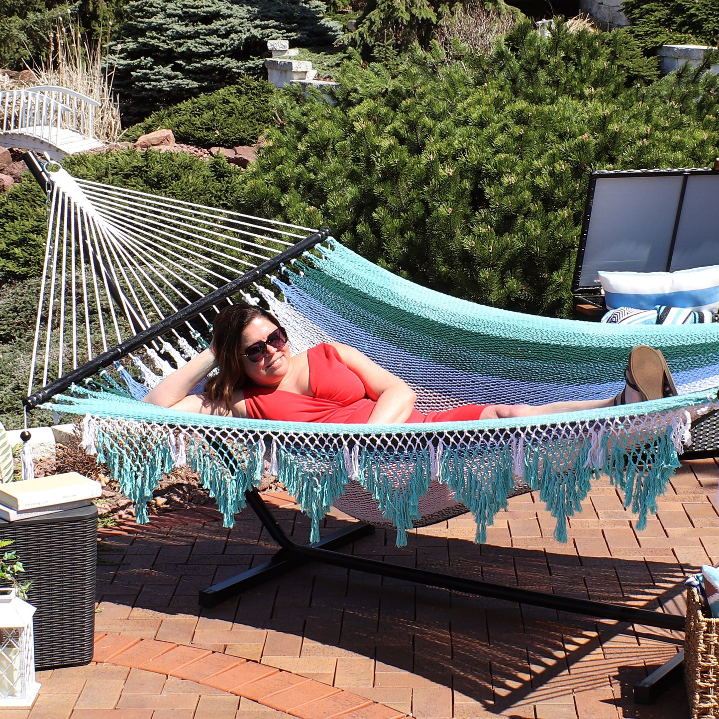 Woven Double Hammock with Spreader Bars | Crocheted Fringe Edges