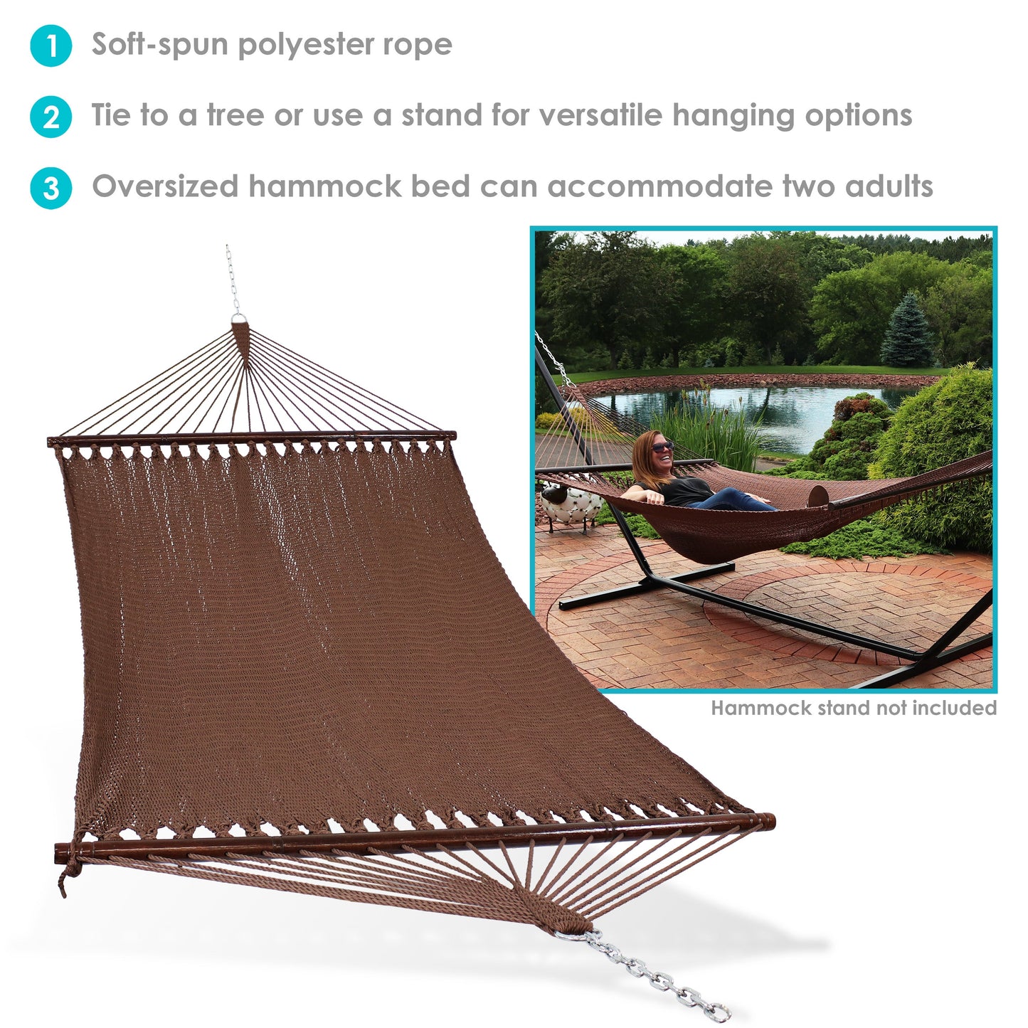 Large Polyester Rope Hammock with Spreader Bars | Holds 2 People | 600lb Capacity