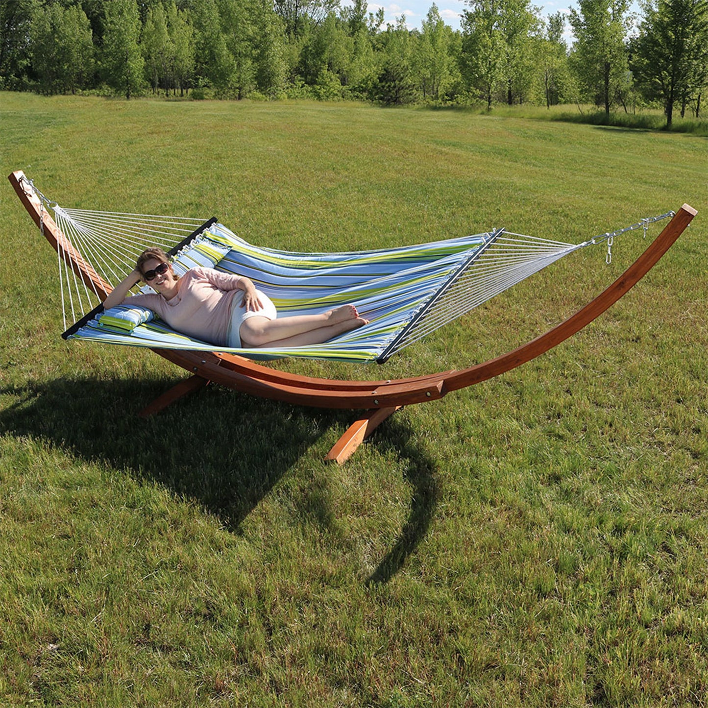 Quilted Fabric 2-Person Hammock | Curved Arc Wood Stand | 400 Pound Capacity