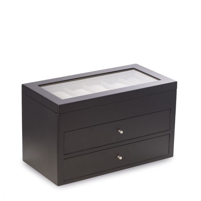 Bey-Berk 36-Watch Box | Glass Top & Drawers | Matte Black Wood | BB686BLK