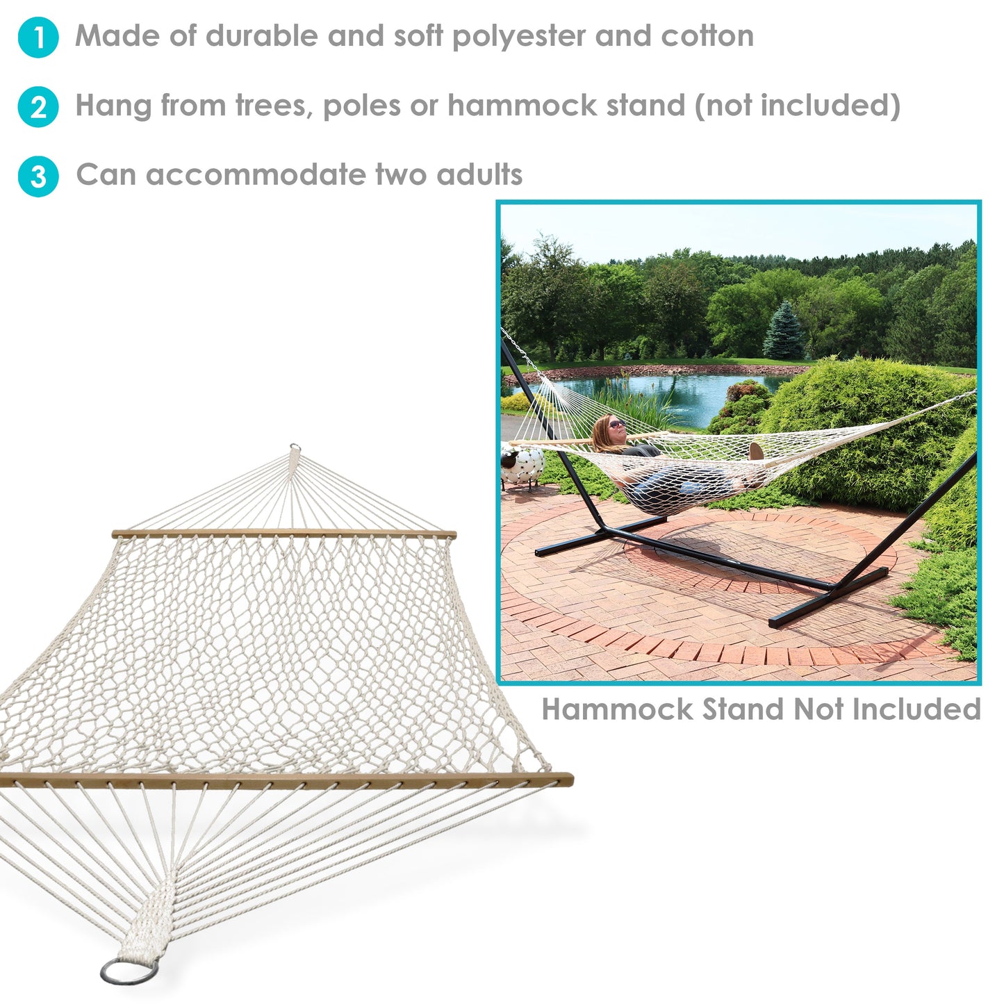 Cotton Rope Double Hammock | Spreader Bars | 450lb Capacity