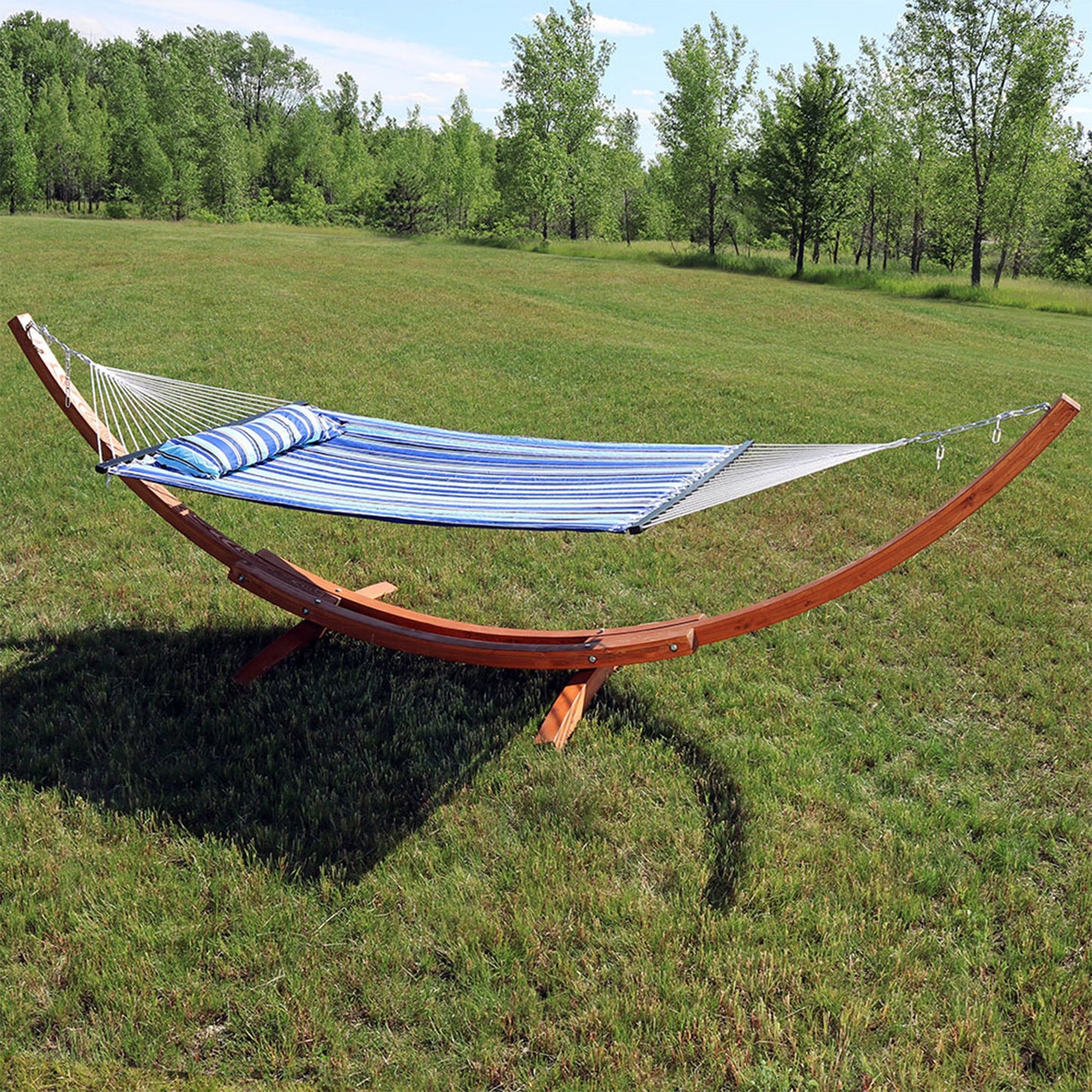 Quilted Fabric 2-Person Hammock | Curved Arc Wood Stand | 400 Pound Capacity
