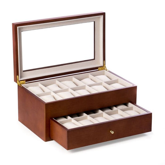 Bey-Berk 20-Watch Box | Glass Top & Drawer | Cherry Wood | BB640BRW