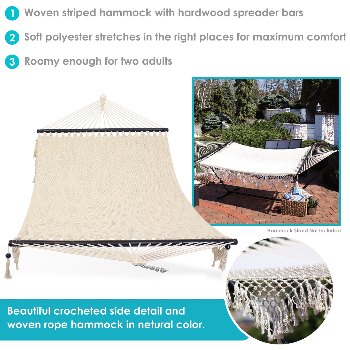 Woven Double Hammock with Spreader Bars | Crocheted Fringe Edges