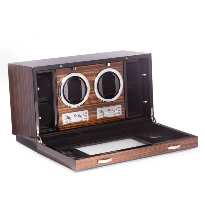Bey-Berk 2-Watch Winder and 4 Watch Storage Case | Glass Face | Ebony Burlwood | BB650EBN