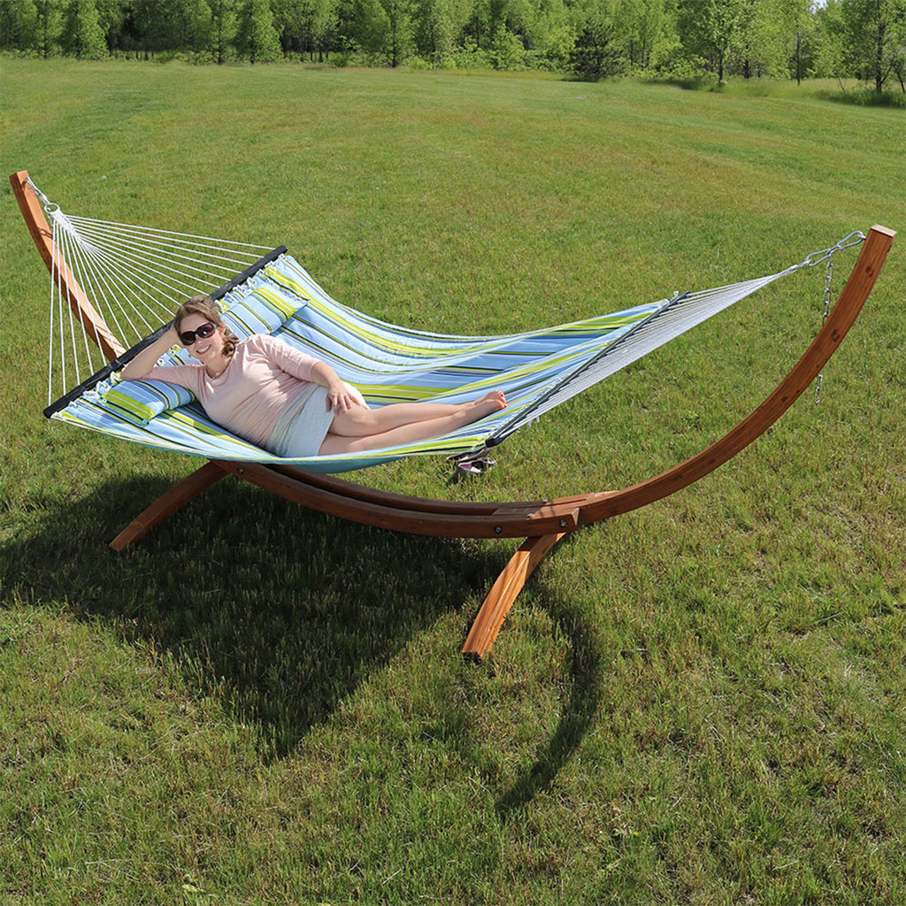 Quilted Fabric 2-Person Hammock | Curved Arc Wood Stand | 400 Pound Capacity