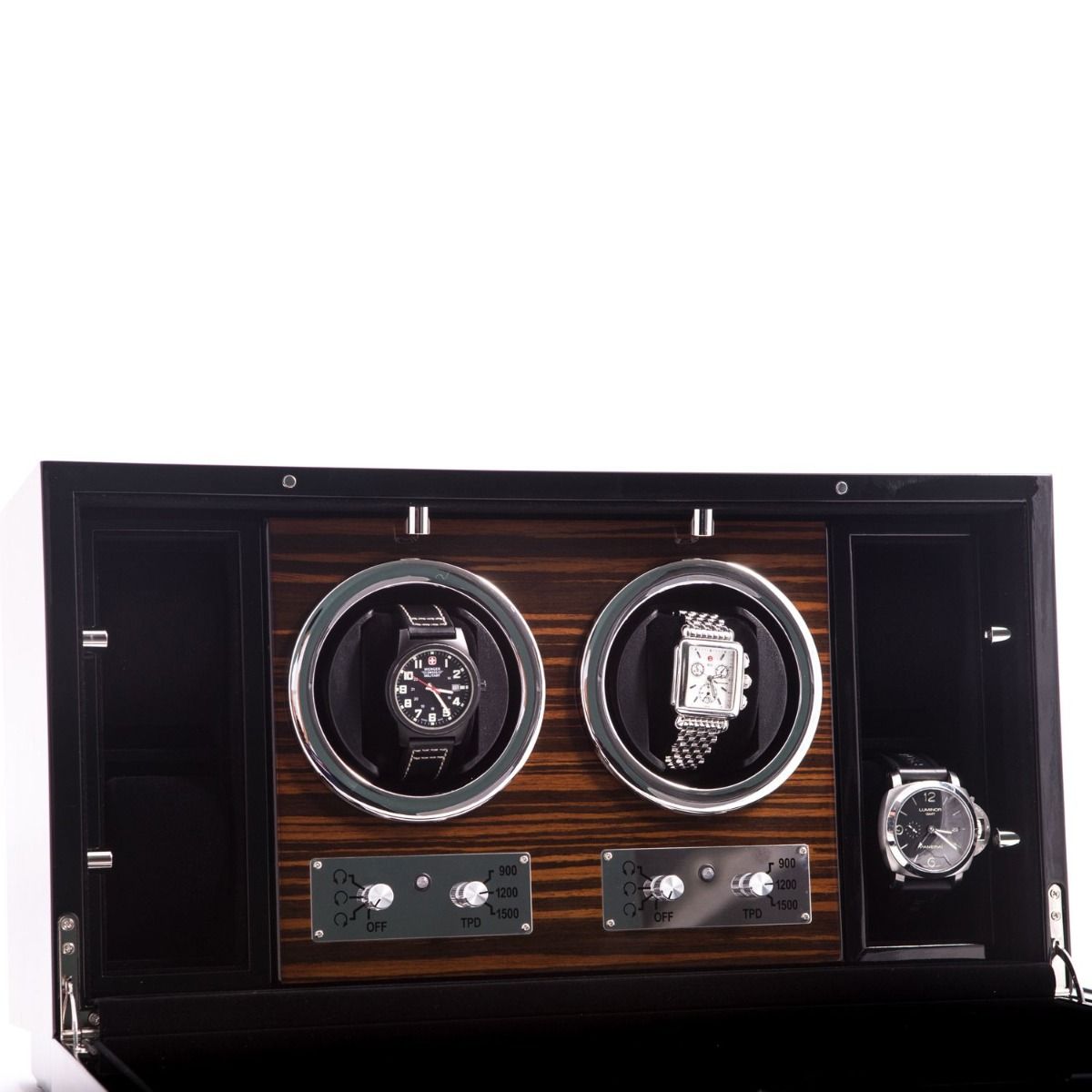 Bey-Berk 2-Watch Winder and 4 Watch Storage Case | Glass Face | Ebony Burlwood | BB650EBN