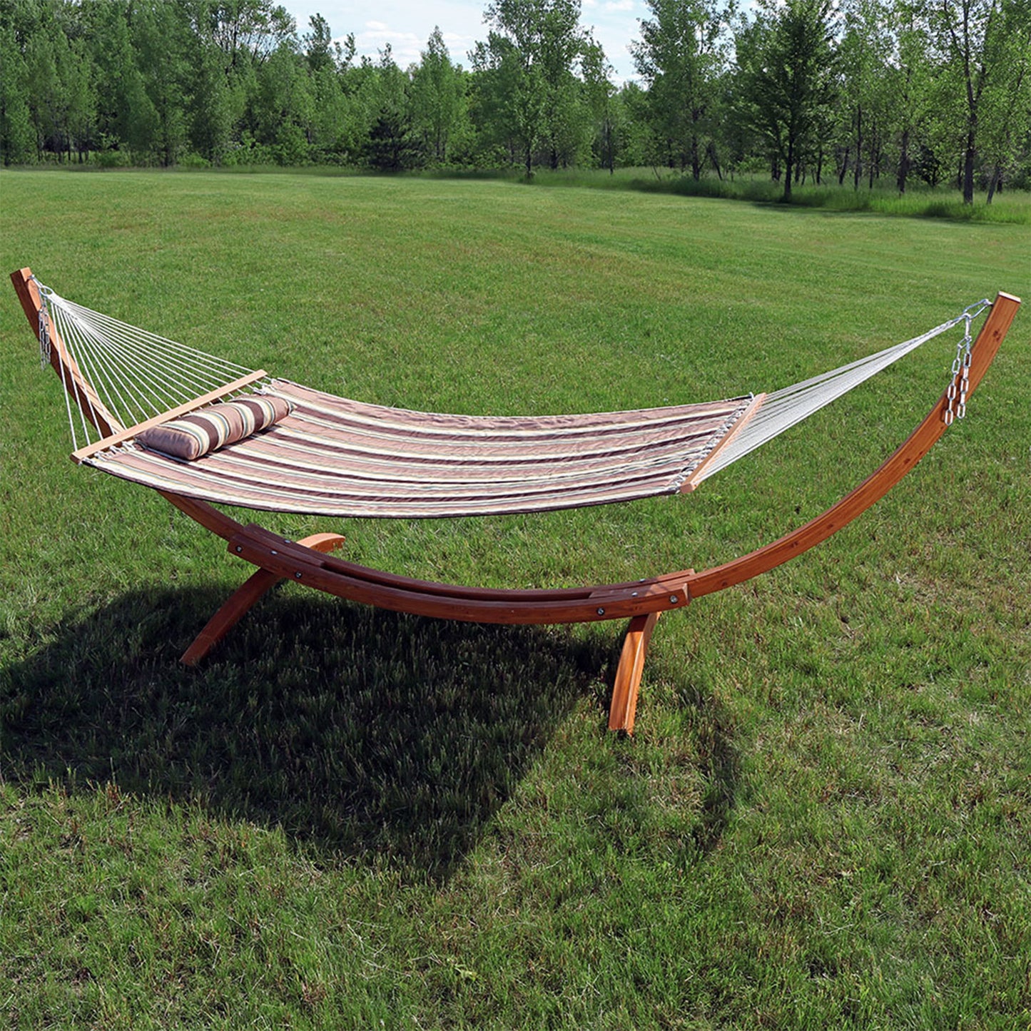 Quilted Fabric 2-Person Hammock | Curved Arc Wood Stand | 400 Pound Capacity