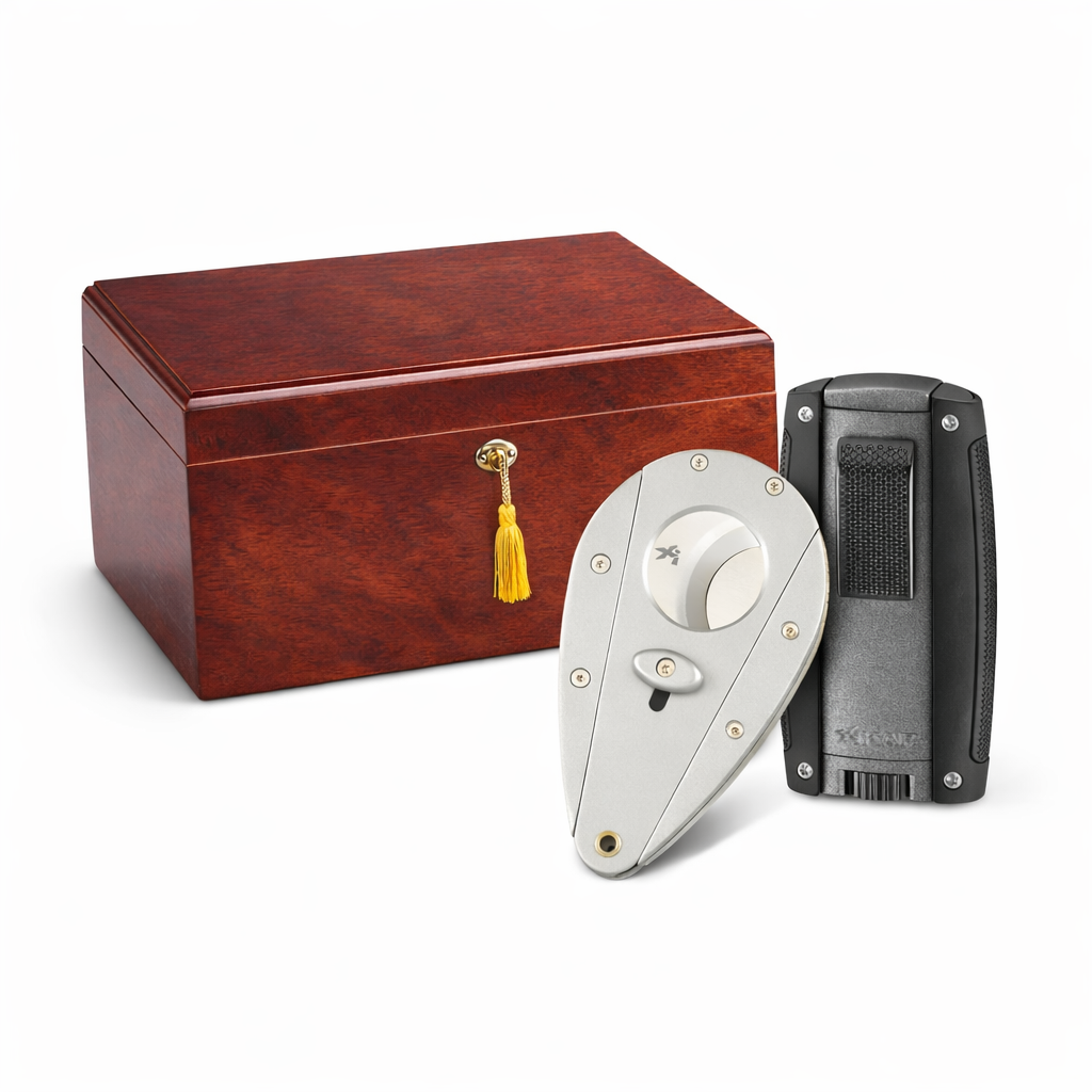 Cigar humidor, cigar cutter, and lighter on a white background