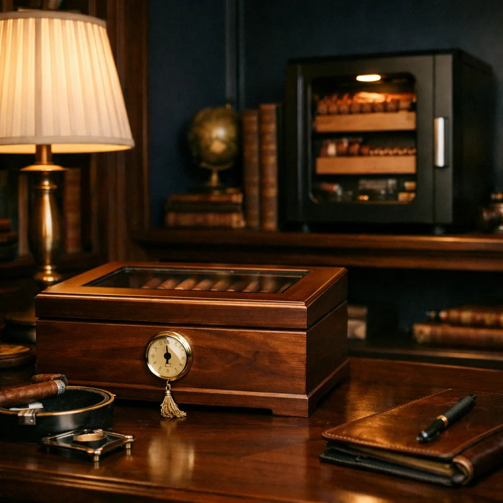 Traditional humidor on a desk and an electric humidor on a shelf in a study