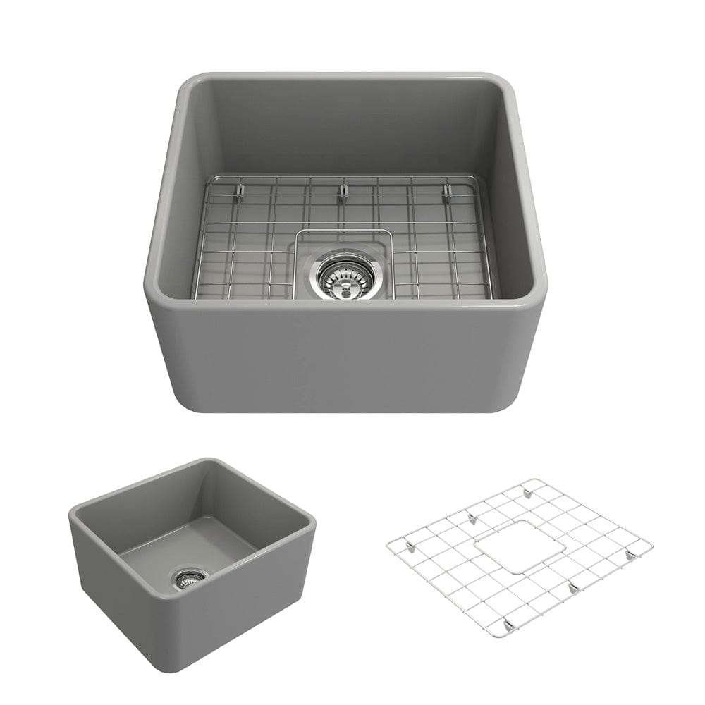 BOCCHI CLASSICO 20" Fireclay Farmhouse Single Bowl Kitchen Sink with Protective Bottom Grid and Strainer