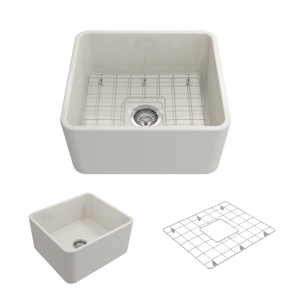 BOCCHI CLASSICO 20" Fireclay Farmhouse Single Bowl Kitchen Sink with Protective Bottom Grid and Strainer