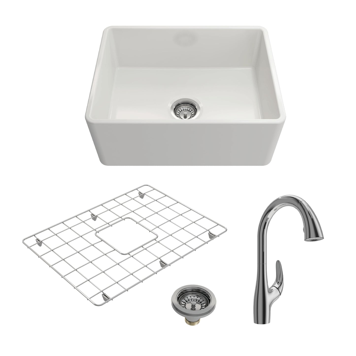 BOCCHI CLASSICO 24" Fireclay Kitchen Sink Kit with Protective Bottom Grid and Strainer with Pagano 2.0 Faucet