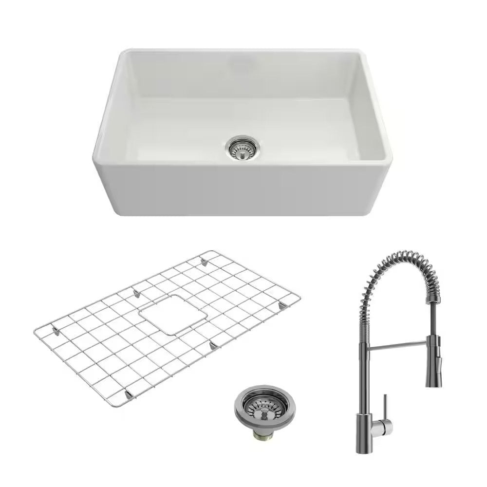 BOCCHI CLASSICO 30" Fireclay Kitchen Sink with Protective Bottom Grid and Strainer with Livenza 2.0 Faucet