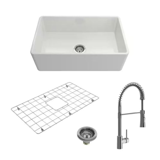 BOCCHI CLASSICO 30" Fireclay Kitchen Sink with Protective Bottom Grid and Strainer with Livenza 2.0 Faucet