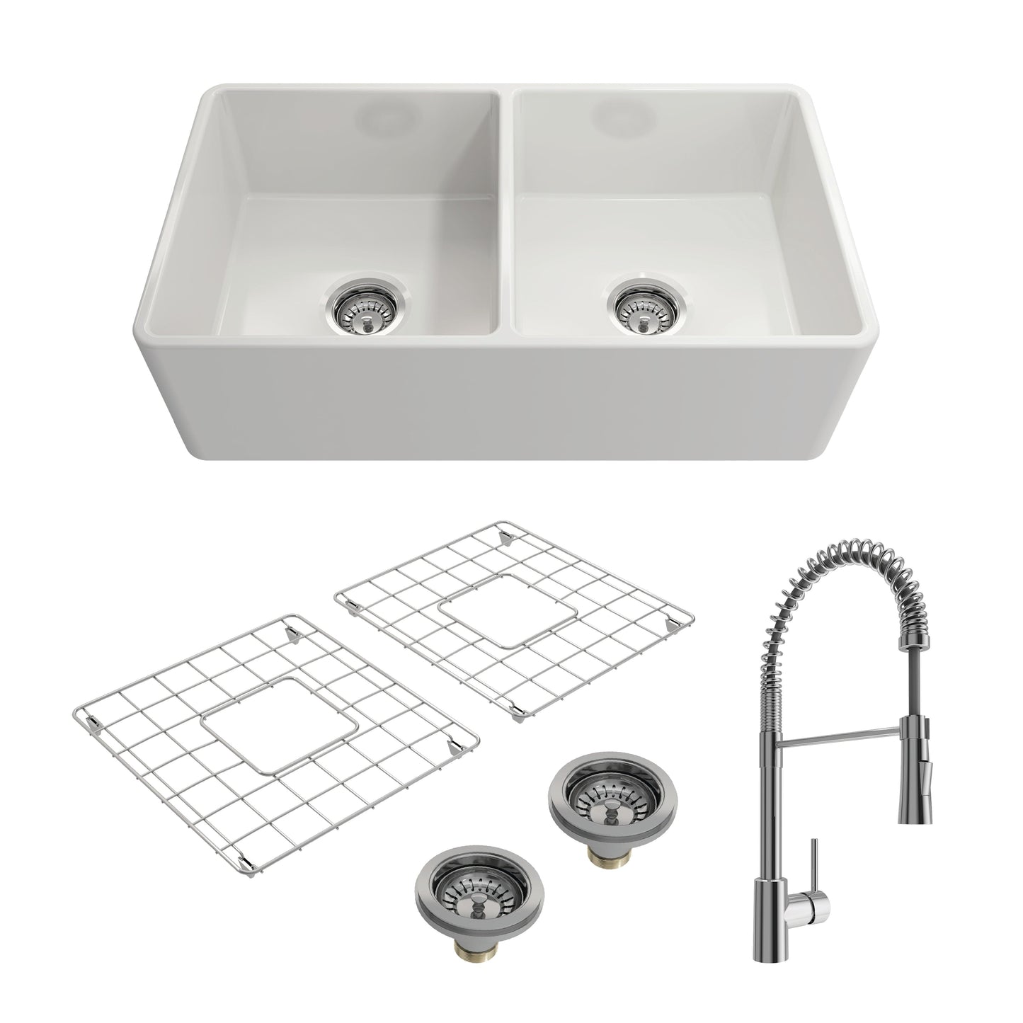 BOCCHI CLASSICO 33" Fireclay Kitchen Sink with Protective Bottom Grids and Strainers with Livenza 2.0 Faucet