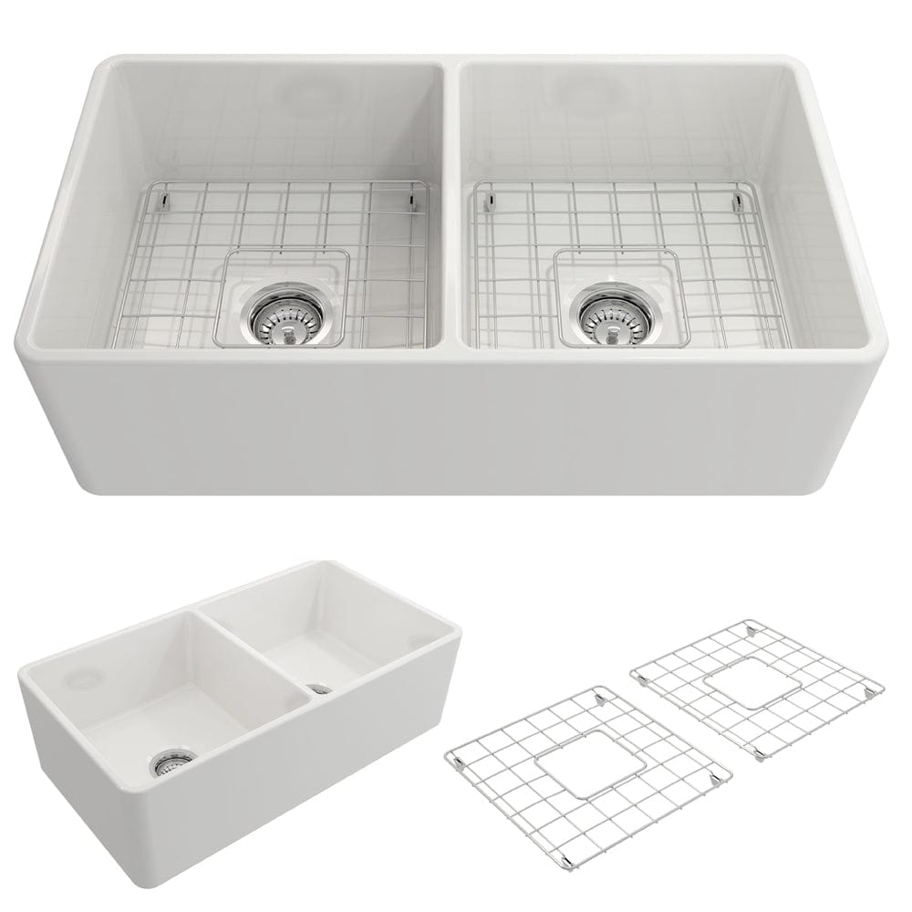 BOCCHI CLASSICO 33" Fireclay Traditional Farmhouse Double Bowl Kitchen Sink with Protective Bottom Grid and Strainer