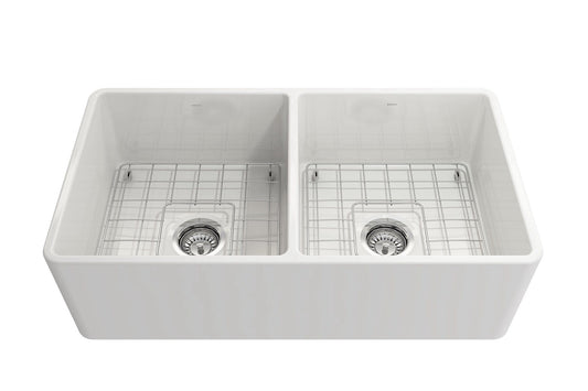BOCCHI CLASSICO 33" Fireclay Traditional Farmhouse Double Bowl Kitchen Sink with Protective Bottom Grid and Strainer