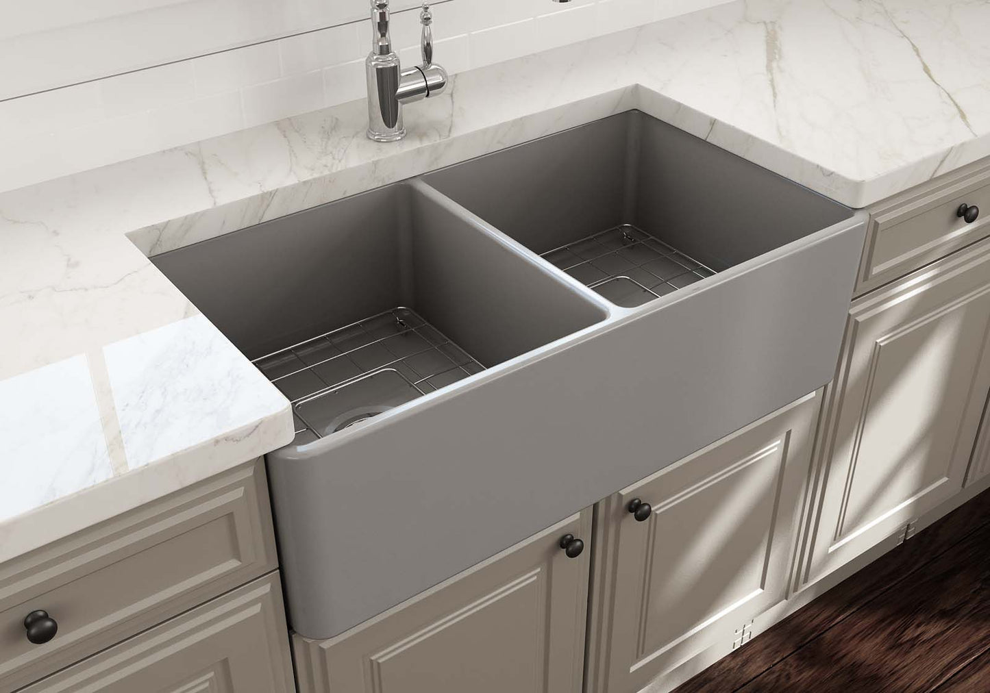 BOCCHI CLASSICO 33" Fireclay Traditional Farmhouse Double Bowl Kitchen Sink with Protective Bottom Grid and Strainer