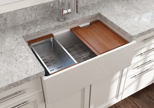 BOCCHI CONTEMPO 30" Fireclay Farmhouse Step Rim With Integrated Work Station Single Bowl Kitchen Sink With Accessories