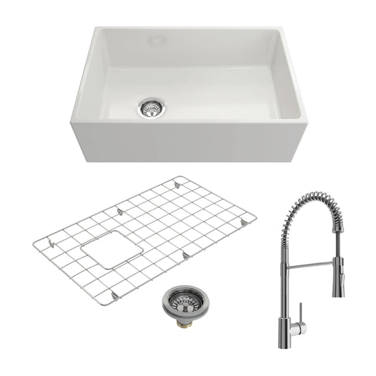 BOCCHI CONTEMPO 30" Fireclay Kitchen Sink with Protective Bottom Grid and Strainer with Livenza 2.0 Faucet