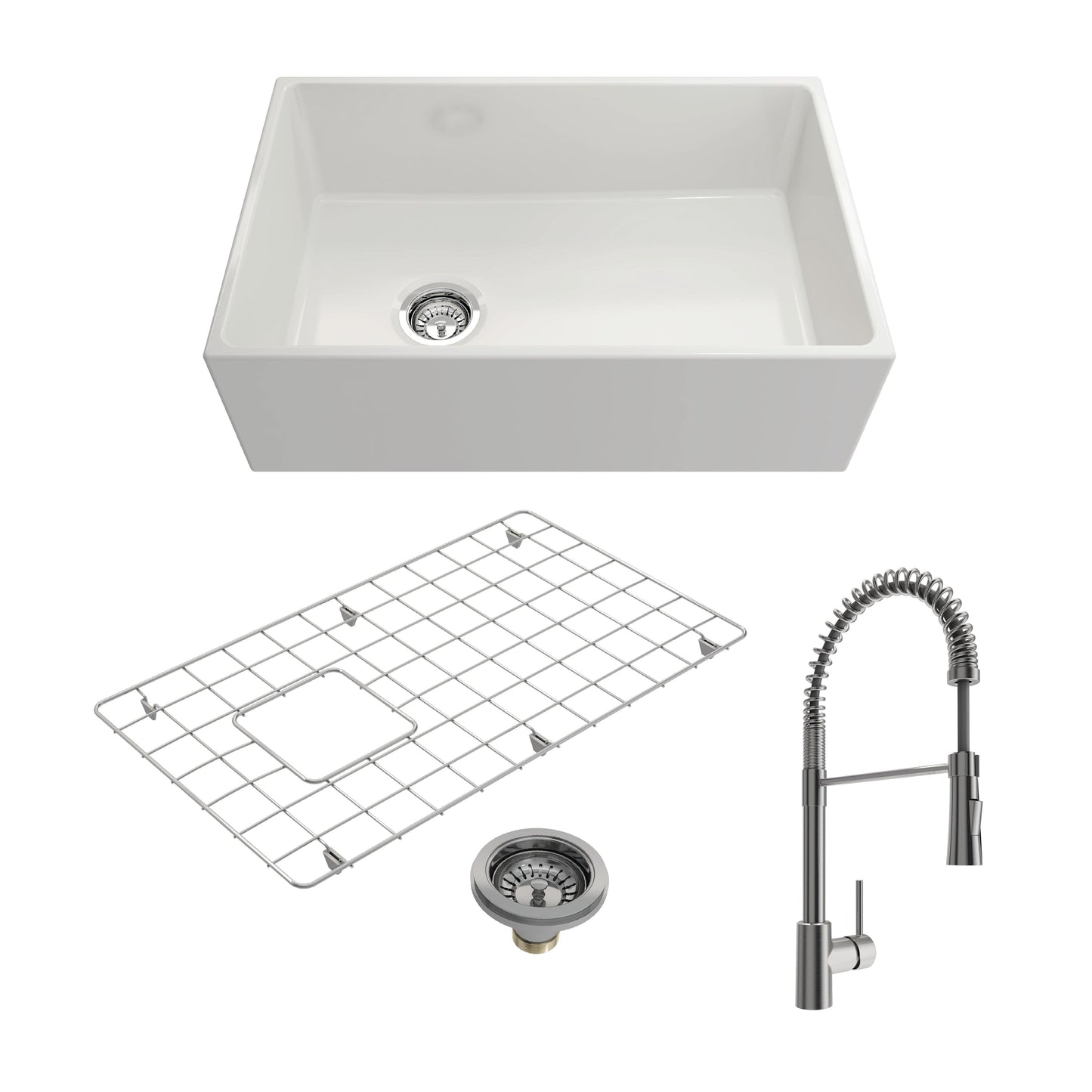 BOCCHI CONTEMPO 30" Fireclay Kitchen Sink with Protective Bottom Grid and Strainer with Livenza 2.0 Faucet