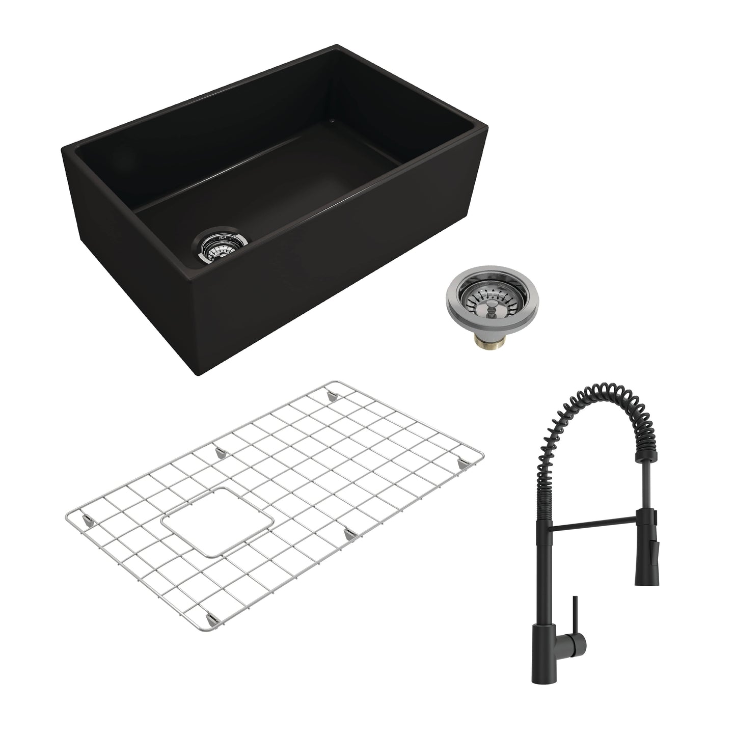 BOCCHI CONTEMPO 30" Fireclay Kitchen Sink with Protective Bottom Grid and Strainer with Livenza 2.0 Faucet