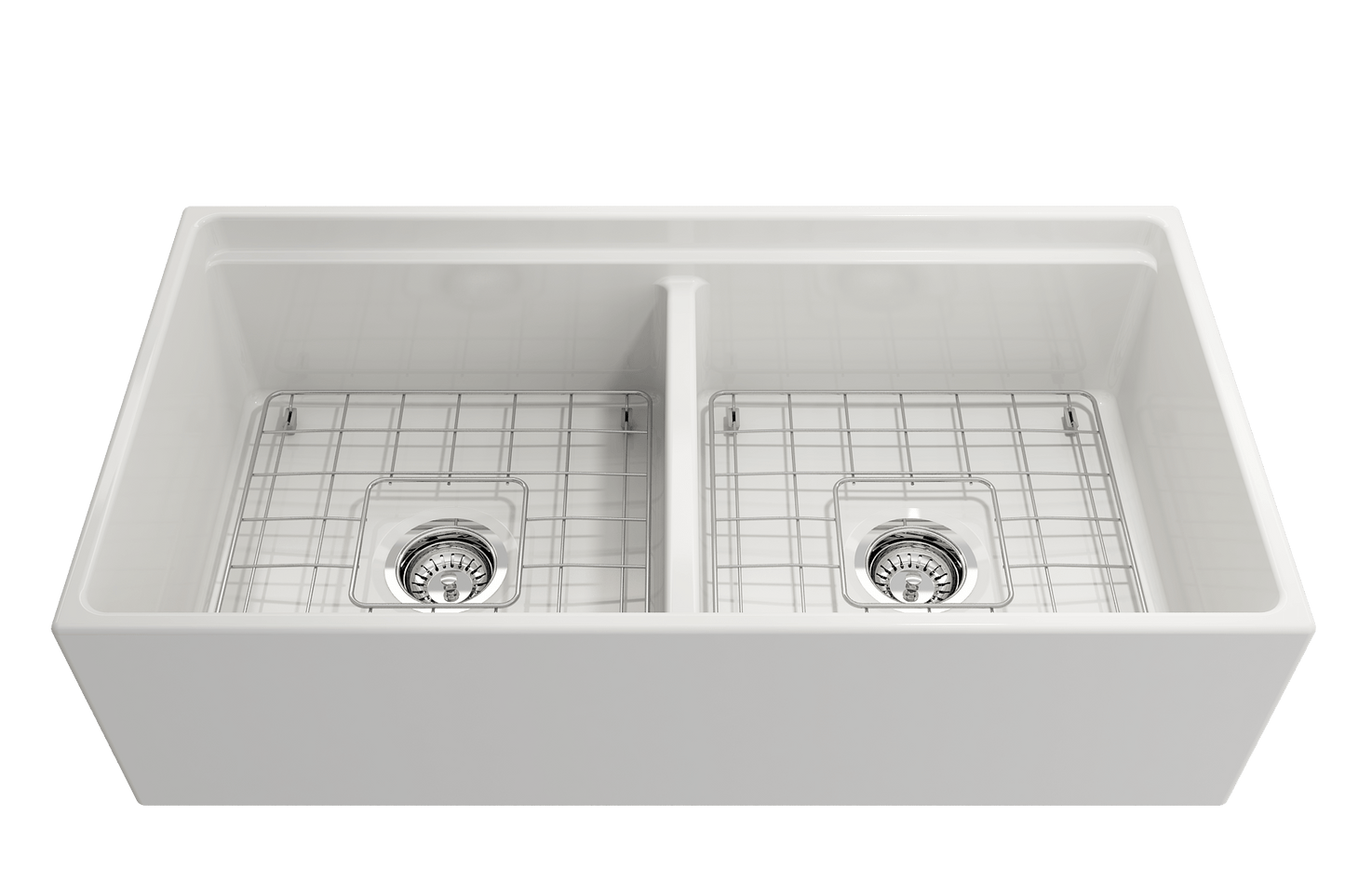 BOCCHI CONTEMPO 36" Step Rim Fireclay Farmhouse Double Bowl Kitchen Sink with Protective Bottom Grid and Strainer