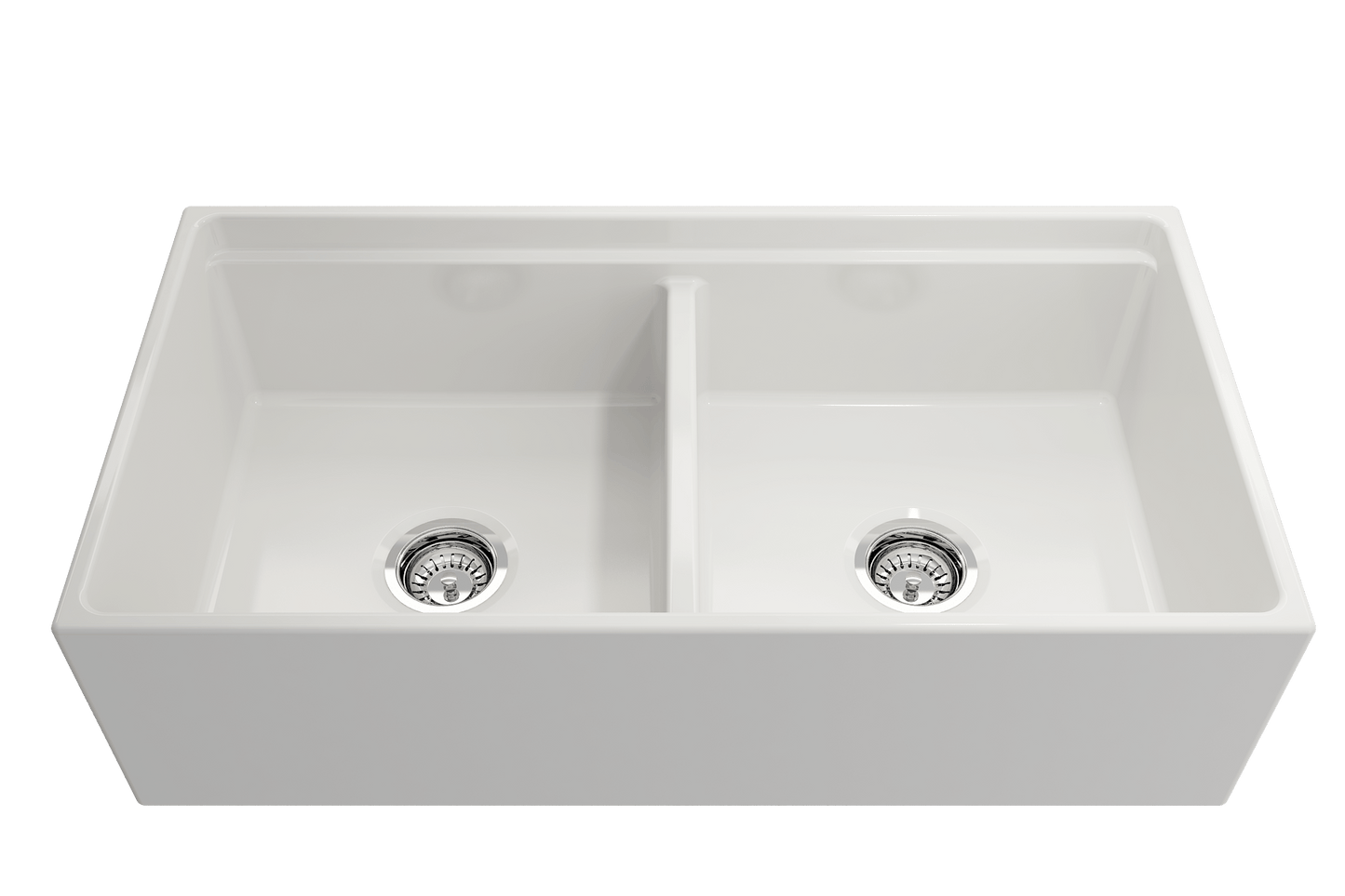 BOCCHI CONTEMPO 36" Step Rim Fireclay Farmhouse Double Bowl Kitchen Sink with Protective Bottom Grid and Strainer