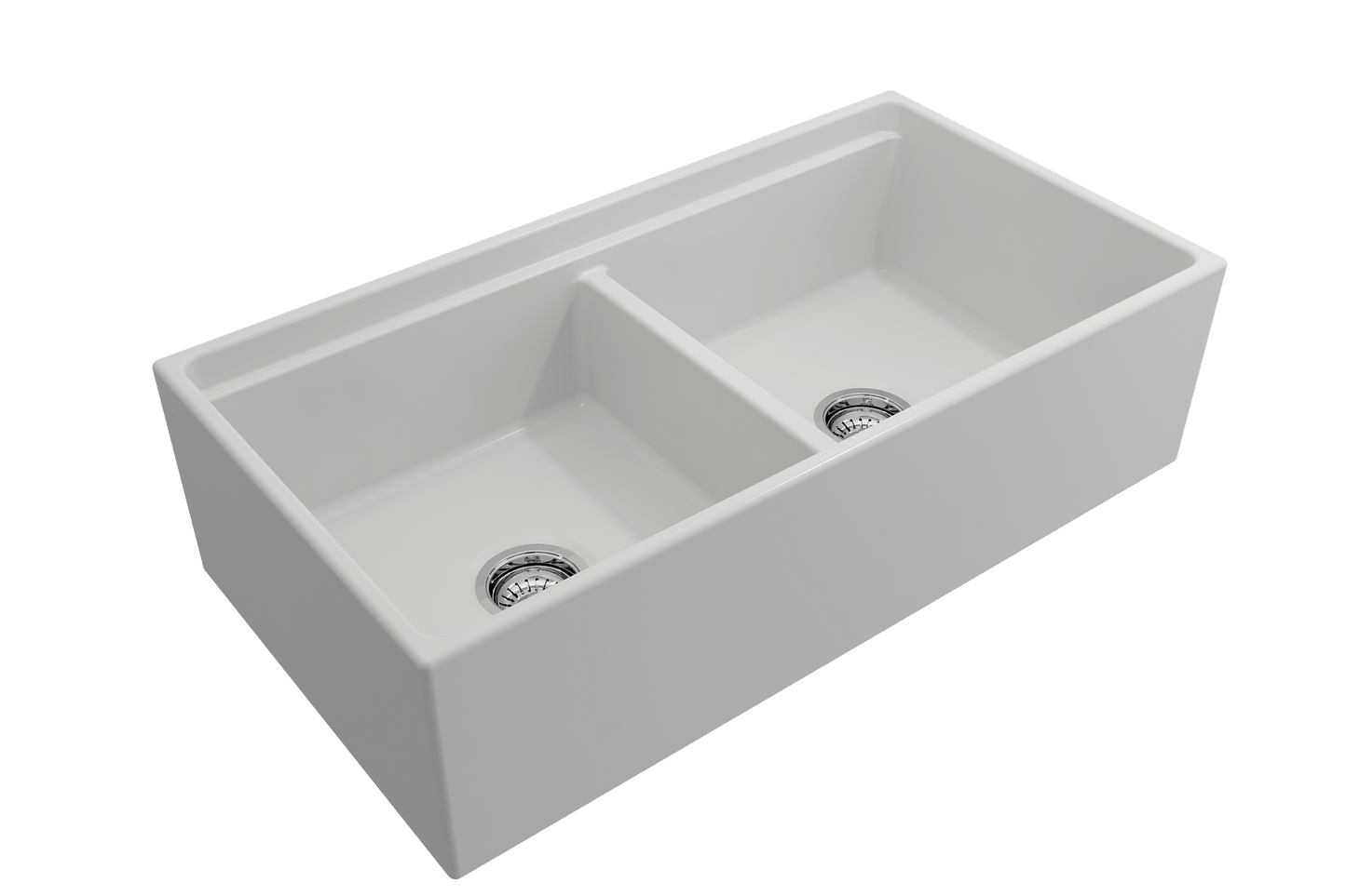 BOCCHI CONTEMPO 36" Step Rim Fireclay Farmhouse Double Bowl Kitchen Sink with Protective Bottom Grid and Strainer