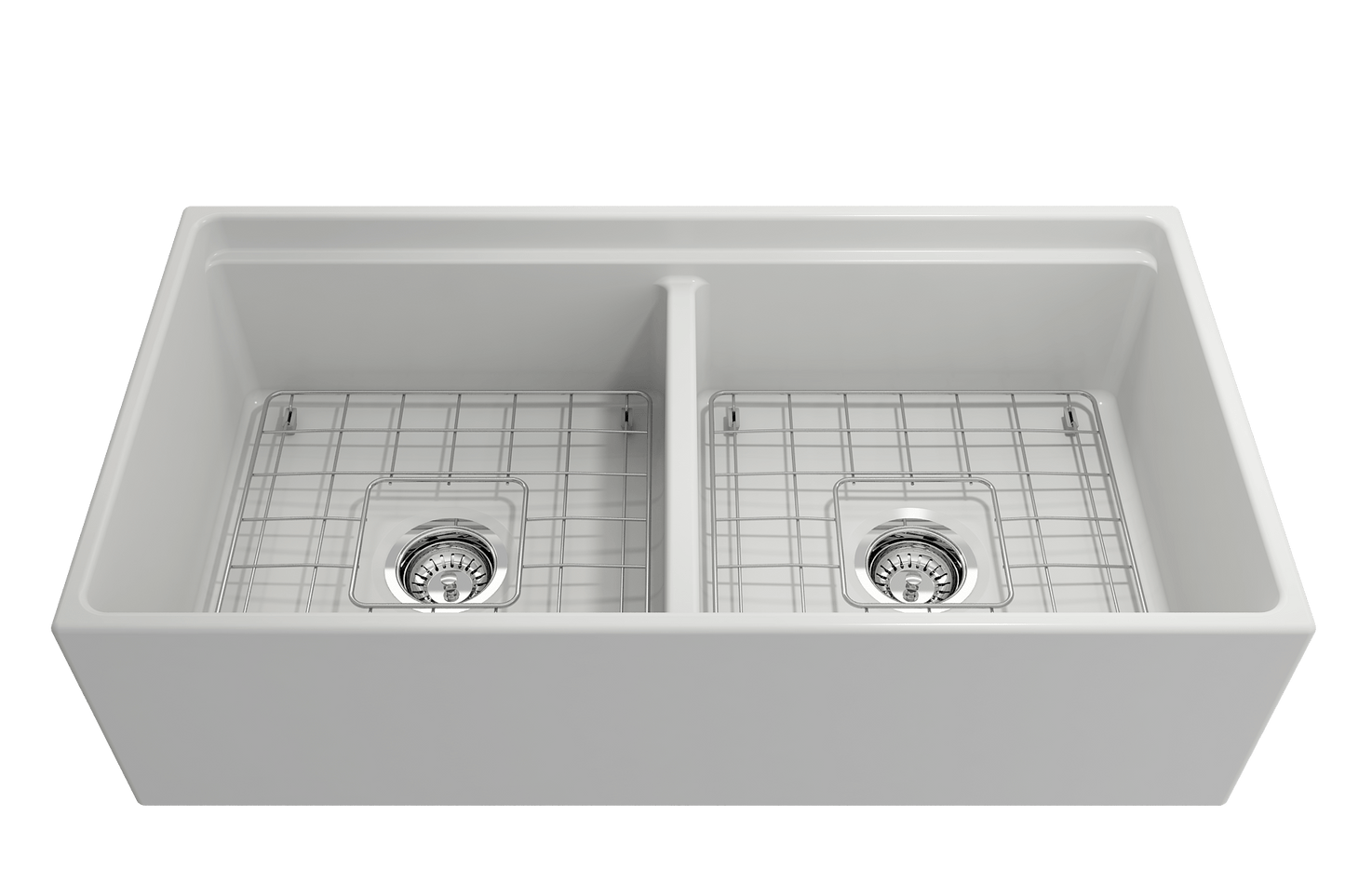 BOCCHI CONTEMPO 36" Step Rim Fireclay Farmhouse Double Bowl Kitchen Sink with Protective Bottom Grid and Strainer