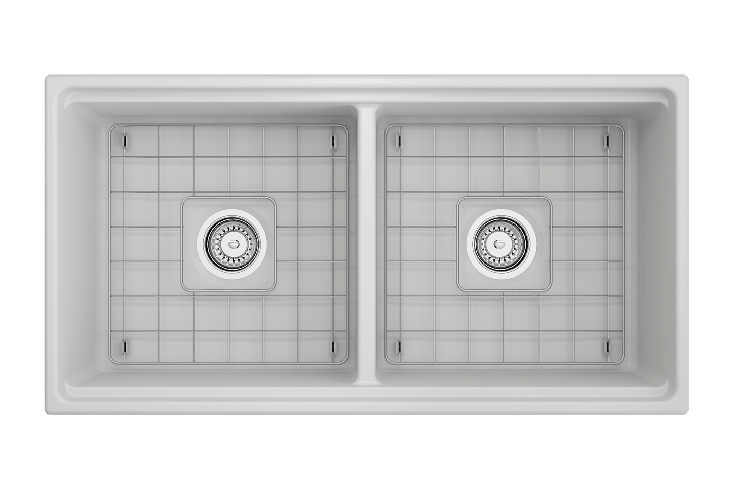 BOCCHI CONTEMPO 36" Step Rim Fireclay Farmhouse Double Bowl Kitchen Sink with Protective Bottom Grid and Strainer