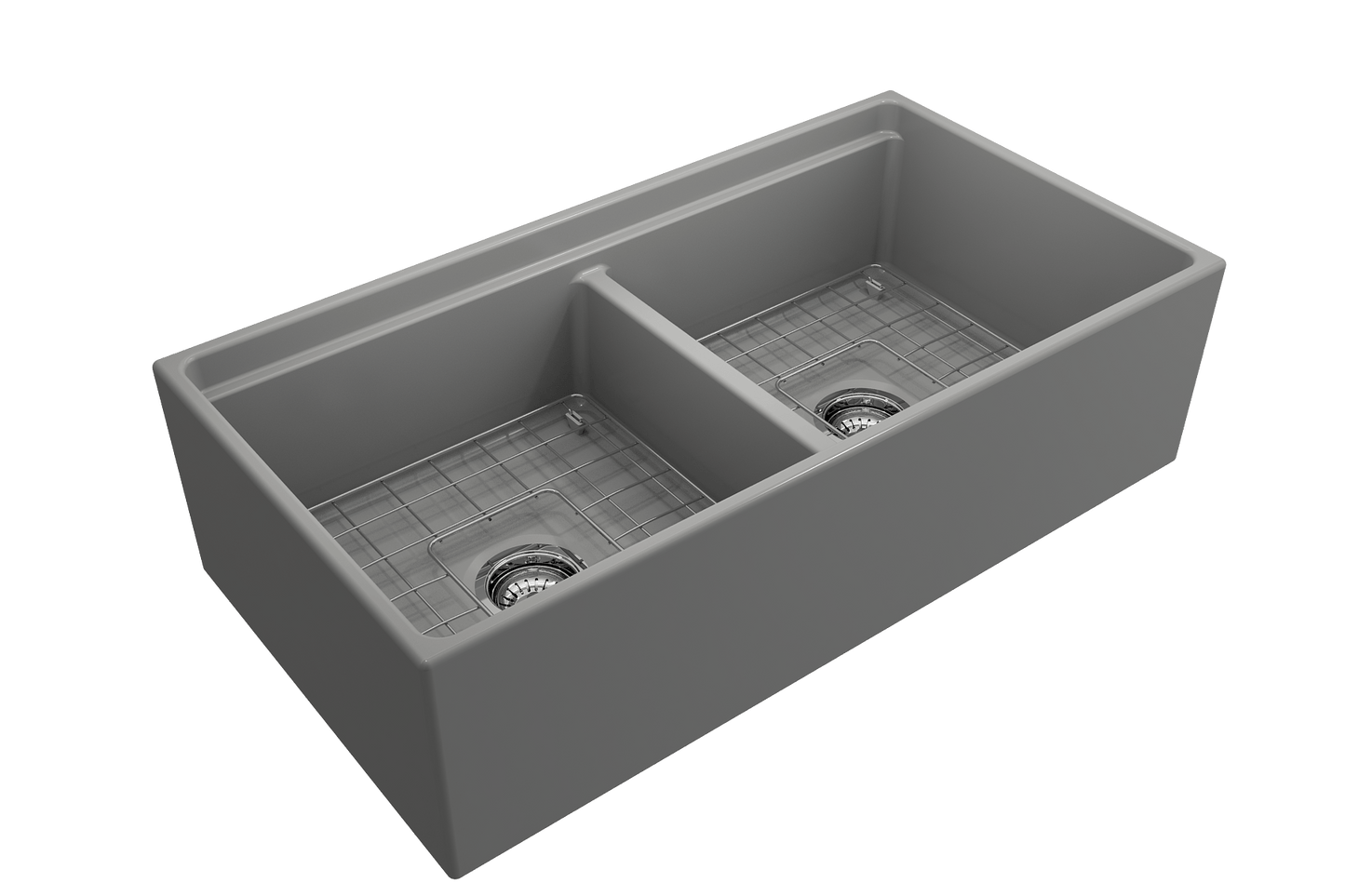 BOCCHI CONTEMPO 36" Step Rim Fireclay Farmhouse Double Bowl Kitchen Sink with Protective Bottom Grid and Strainer