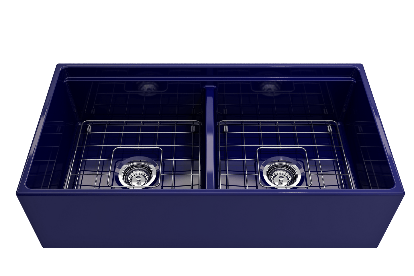 BOCCHI CONTEMPO 36" Step Rim Fireclay Farmhouse Double Bowl Kitchen Sink with Protective Bottom Grid and Strainer