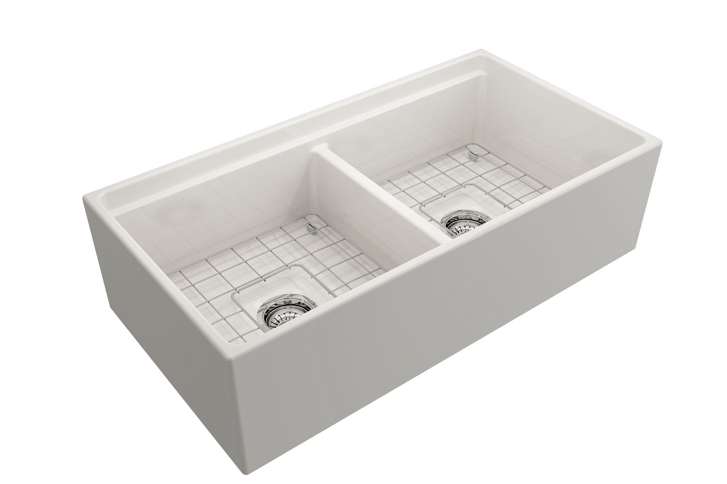 BOCCHI CONTEMPO 36" Step Rim Fireclay Farmhouse Double Bowl Kitchen Sink with Protective Bottom Grid and Strainer