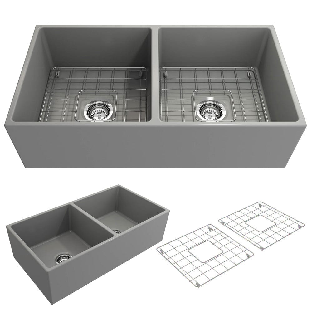 BOCCHI CONTEMPO 36" Fireclay Farmhouse Double Bowl Kitchen Sink with Protective Bottom Grid and Strainer